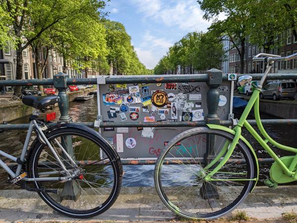 The sticker was just there, and I never realized it was there. Amsterdam. The city of bikes, channels and dams.
